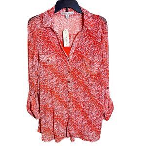 French Connection Sheer Top Blouse  With Tank Sz 2X Orange White Roll Tab Sleeve